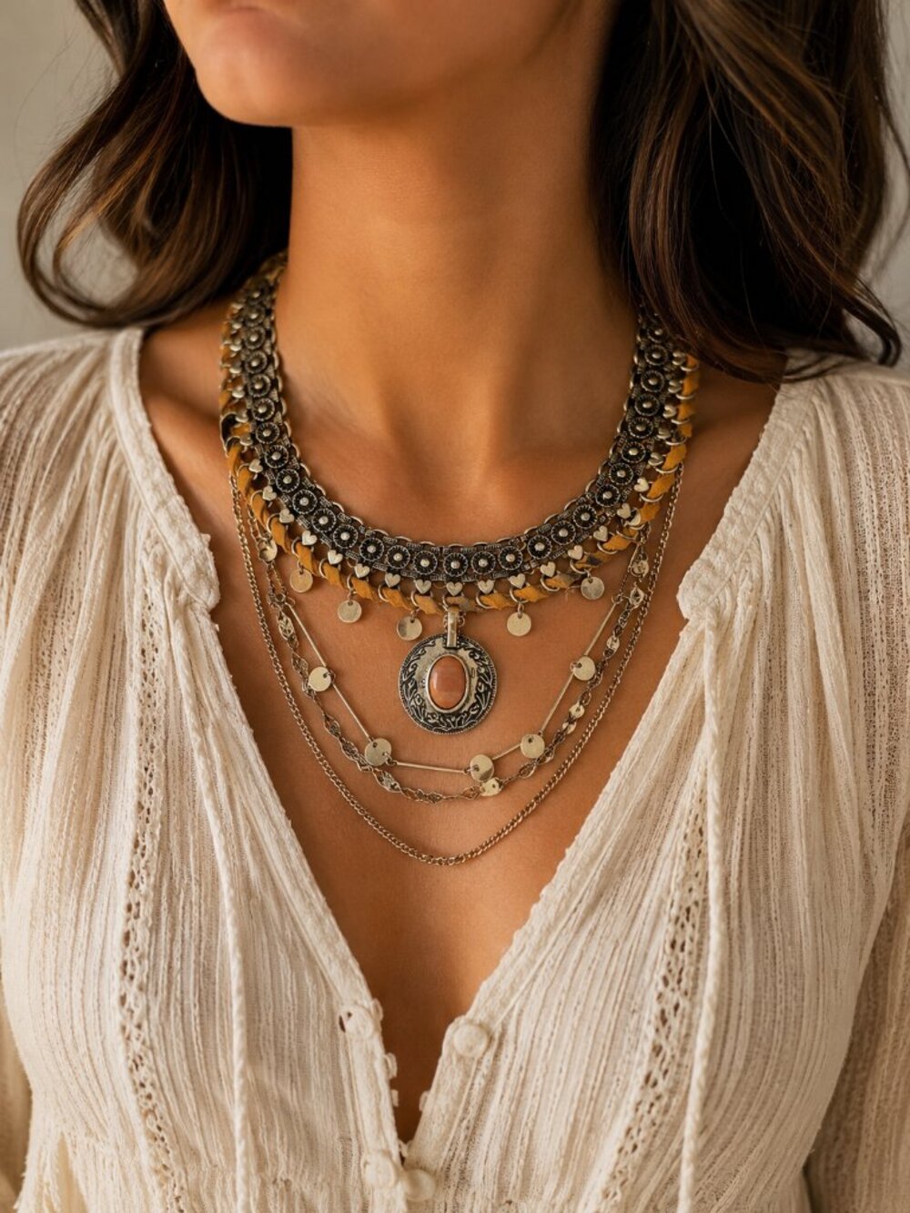 Free People Boho Layered Statement Necklace Mixed Metal Pendant